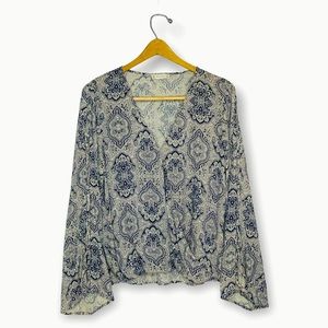 Altar'd State Blue Paisley Faux Wrap Lace Up Sleeve Top Size Small